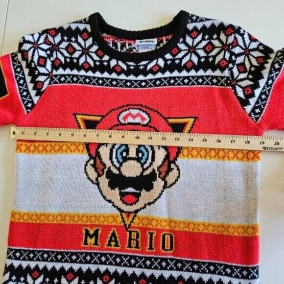 Super Mario Sweater Mens XL Multicolor Crewneck AOP Geo Gamer XMas Colorful LS - Picture 4 of 15